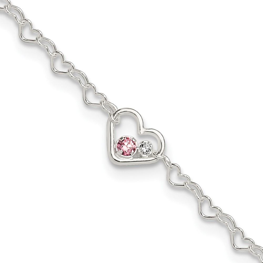 Sterling Silver CZ Heart Link Anklet 9 Inch with 1 Inch Extender 1.94g