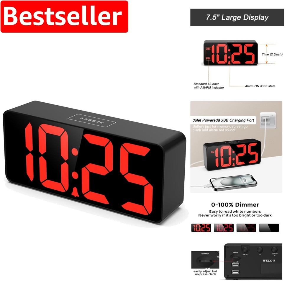Modern Black Red 7.5 Inch Alarm Clock with USB Snooze for Seniors