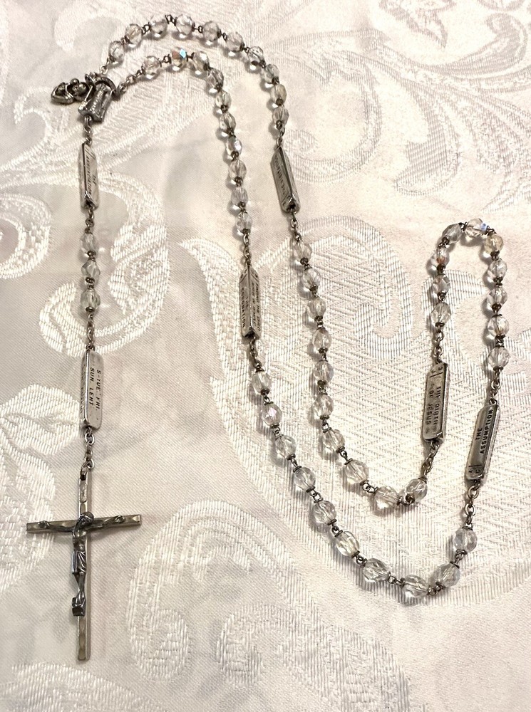 Vintage Aurora Borealis Crystal Glass Beaded Mysteries Teaching Guiding Rosary-3