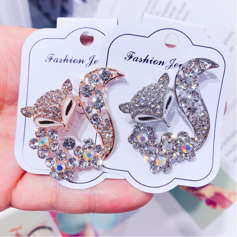 Animal Fox Crystal Enamel Brooch Pin Women Wedding Party Fashion Jewelry Gifts
