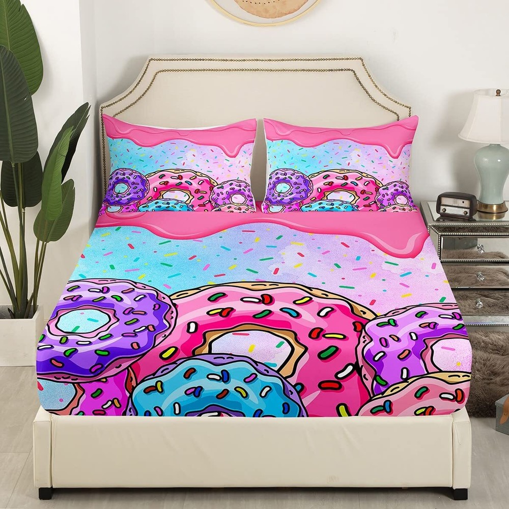 Kawaii Donuts Fitted Sheet,Full Size Sweet Doughnut Collections Pink and Purp...