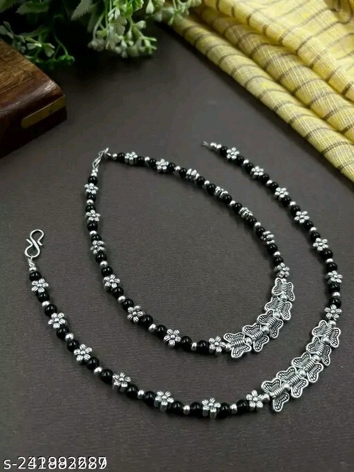 Black Bead Silver Plated Bollywood Anklet Jewelry Set for Women
