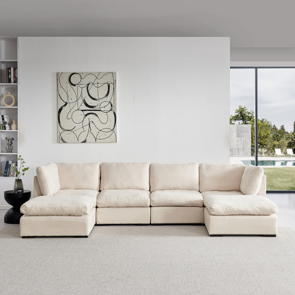 Modular Down-Filled Sofa with Ottoman in Soft Linen Fabric  
