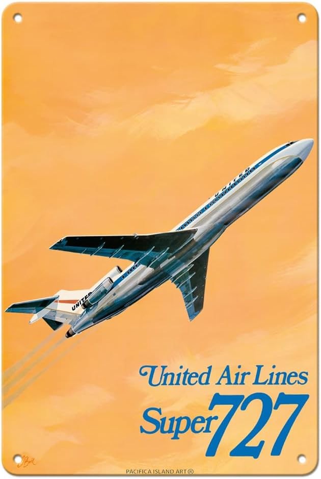 Vintage Boeing 727 United Airlines Tin Metal Sign 8x12 Retro Airplane Decor