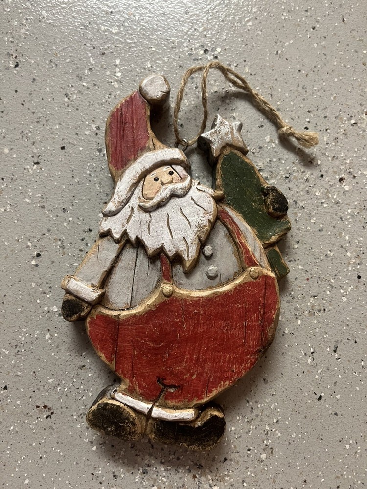 Lrg distressed wood Santa holding a tree ornament 7” Farmhouse