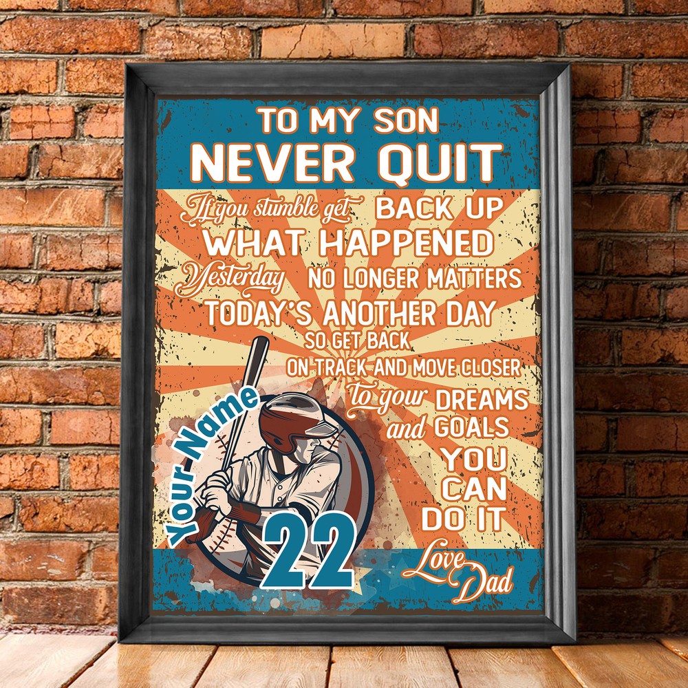 Custom Never Quit Baseball Poster Personalized with Motivational Letter from Dad