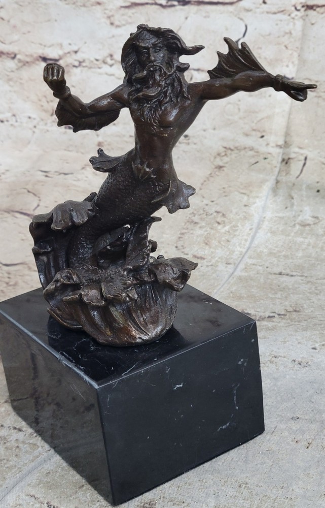 Poseidon God of the Sea Bronze Figurine with Marble Base Signed Original Home Decor