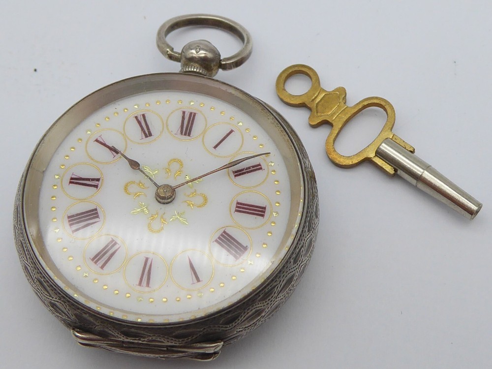 PRETTY ANTIQUE VICTORIAN SOLID SILVER FOB WATCH RUNNING ORNATE ENGRAVED CASE
