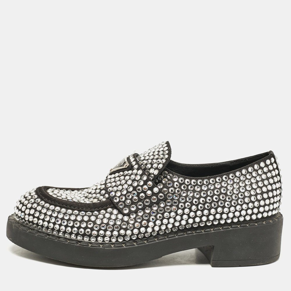Prada Black Satin Crystal Embellished Slip-On Loafers Size 36 EU