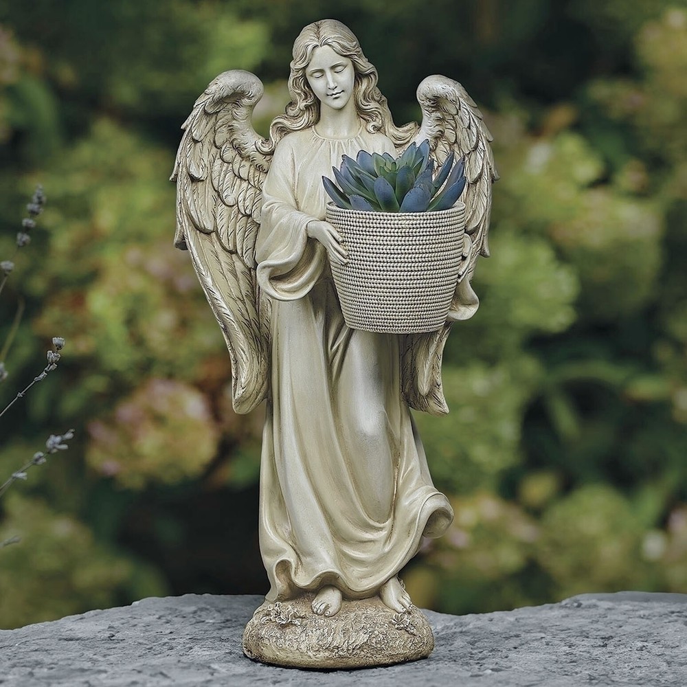 HEAVENLY ANGEL WITH SMALL PLANTER GARDEN STATUE