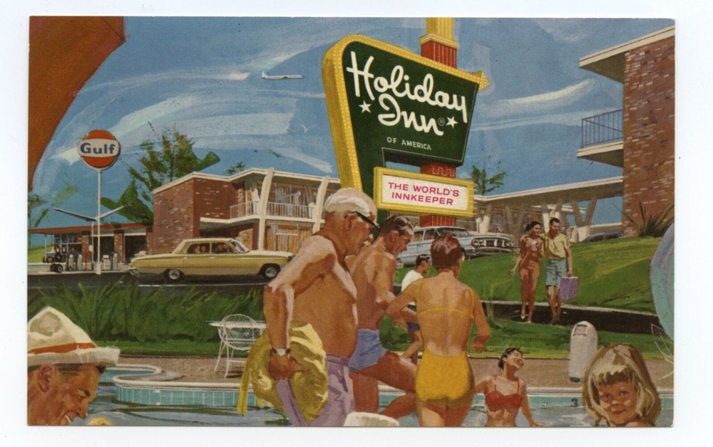 Holiday Inn Motel Hotel Gulf Gas Station Business Advertising Pool Postcard