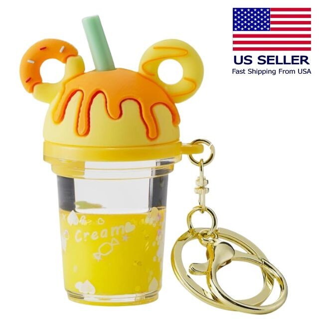 Disney Mickey Mouse Donut Ears Boba Tea Cup Keychain Kawaii Yellow Accessory