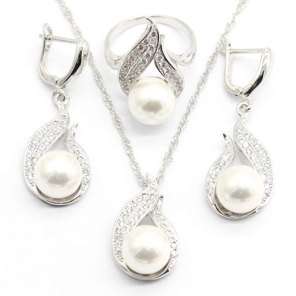 White Freshwater Pearl Jewelry Set for Women Silver white gold plated Necklac...