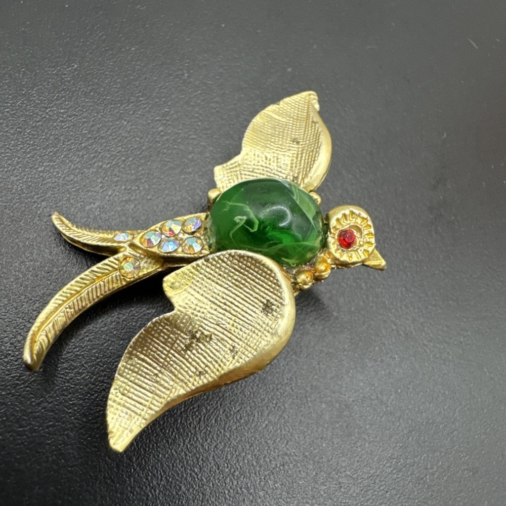 Vintage Green Cabochon Jelly Belly Bird Rhinestone Brooch