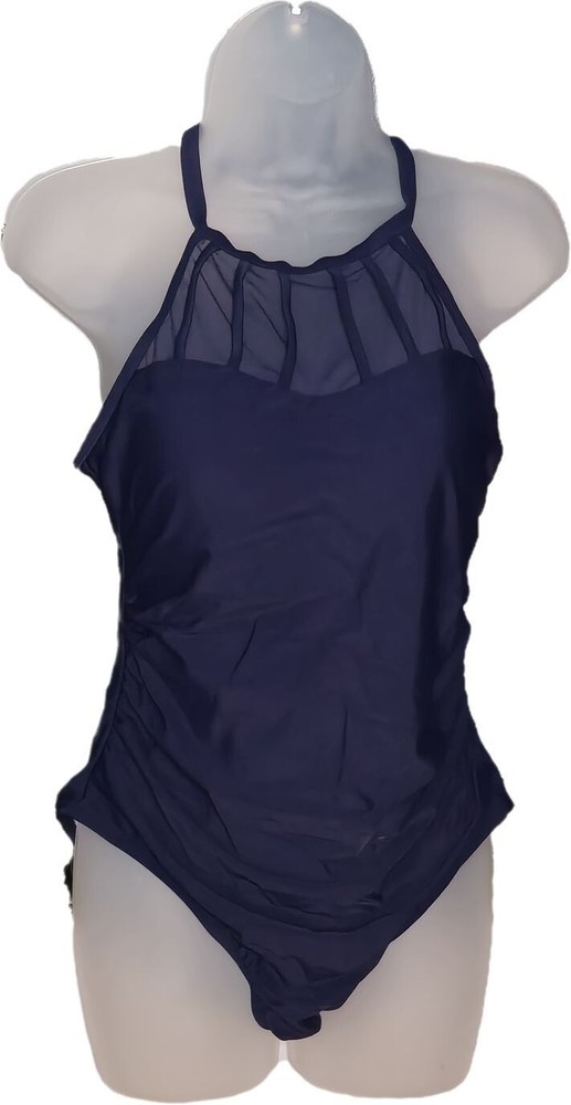 Cupshe Womens Halter Neck Mesh One Piece Swimsuit with Ruched Sides Size L Blue