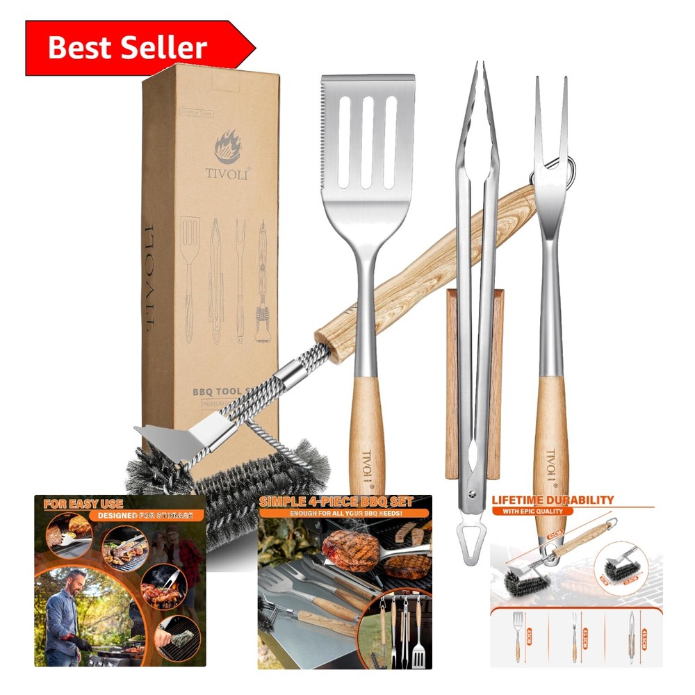 Premium 4-Piece BBQ Grill Tool Set with Ergonomic Wood Handles – Perfect Gift!