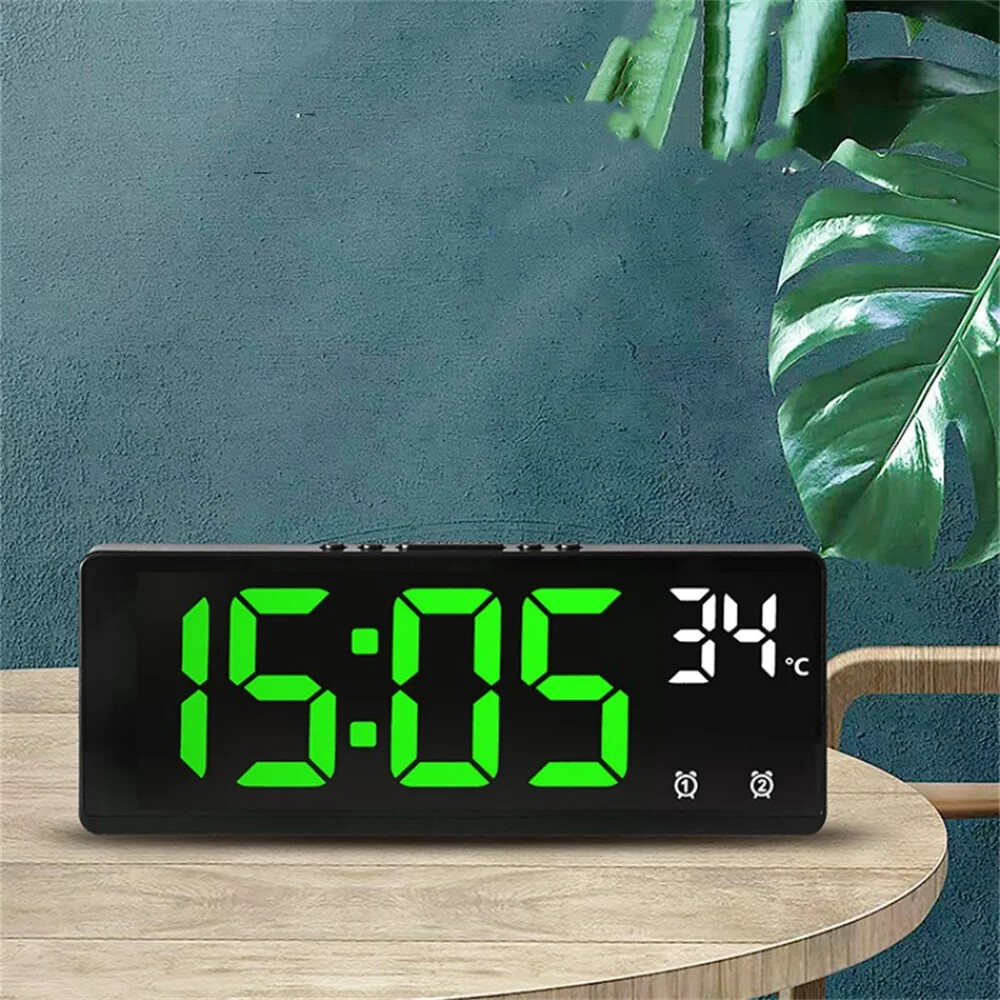 Large Digital Alarm Clock LED Voice Control Temperature Dual Alarm Snooze 12/24H