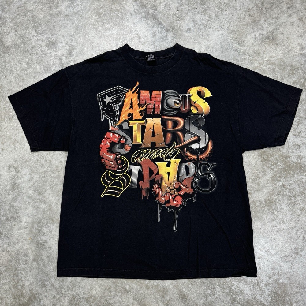 Vintage Famous Stars & Straps Graphic Black T-Shirt Mens Size 2XL skate Grunge