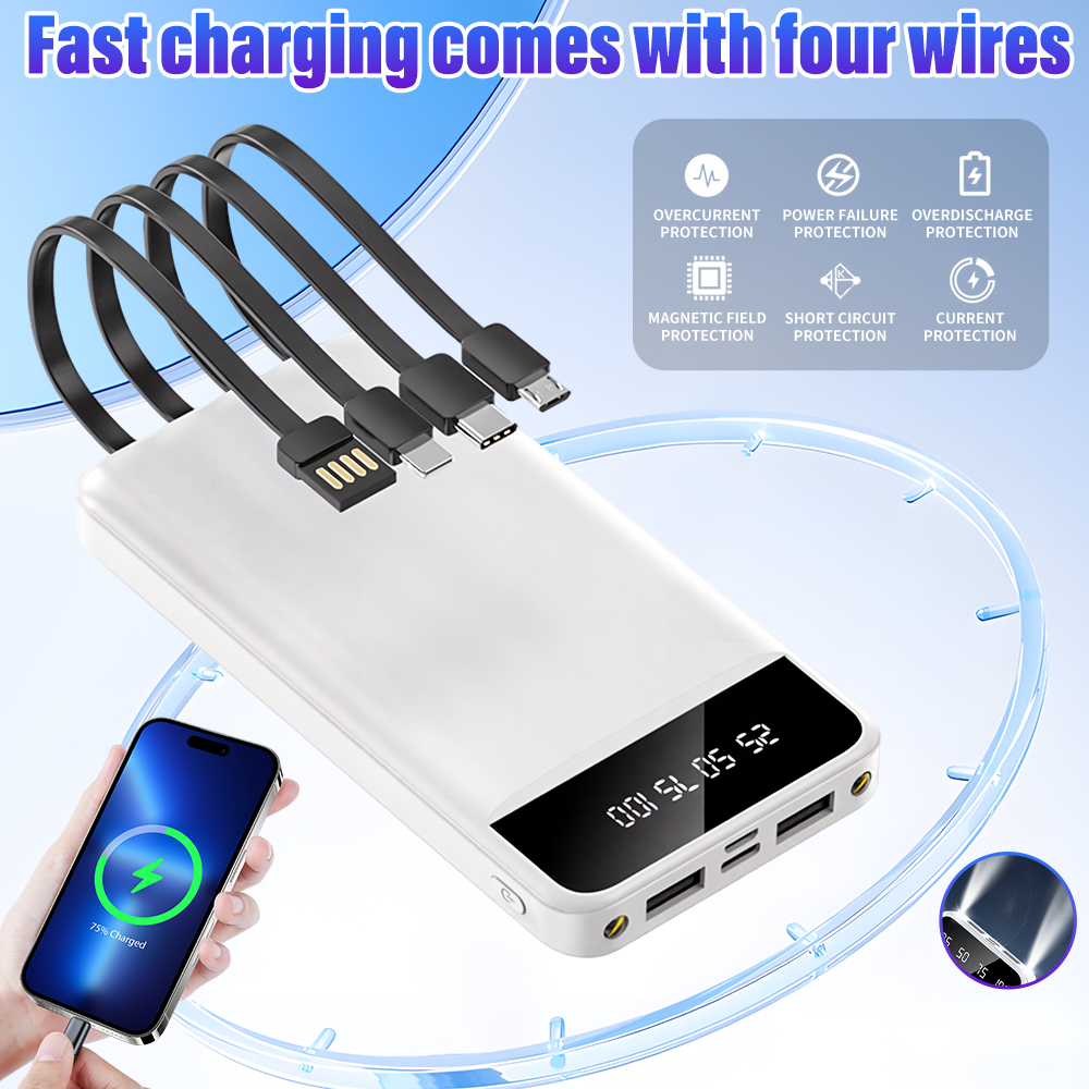 10,000mAh Portable Power Bank with Fast Charging PD LCD & 4 Built-in Cables