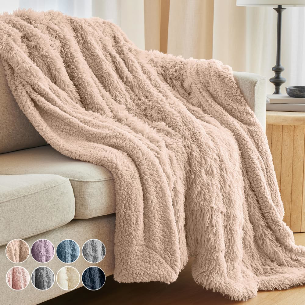 Cozy Beige Throw Blanket 65x50 for Couch, Soft Sherpa Bedding Accent