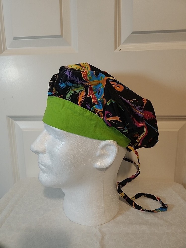 Bouffant Surgical Scrub Hat/Cap - Black Mardi Gras Theme Contrasting Band
