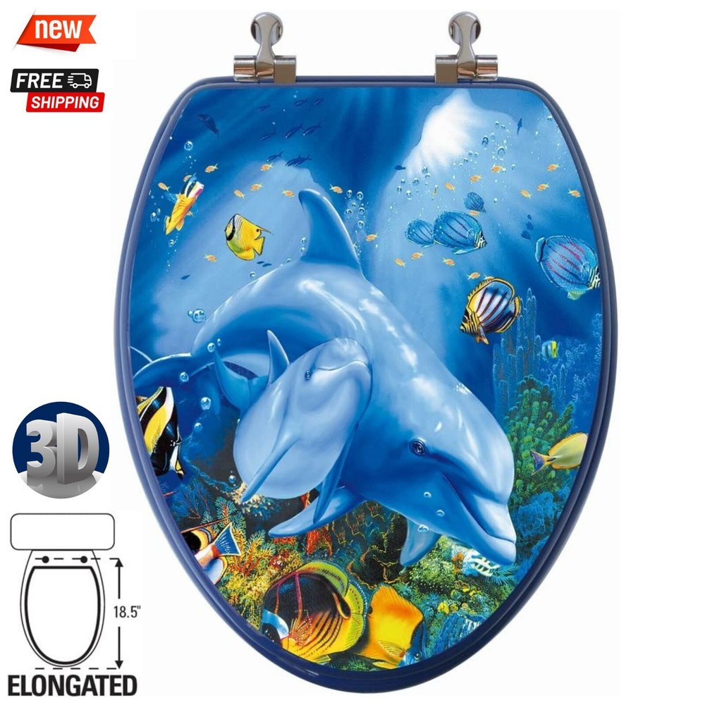 3D Dolphin Elongated Toilet Seat Blue Ocean Nautical Beach Themed Bathroom Decor