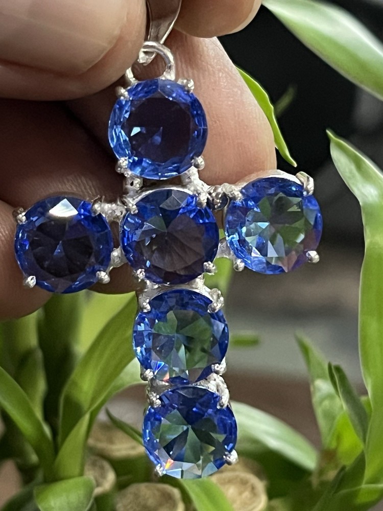 Iolite Quartz Handmade Gemstone Cross Pendant 925 Sterling Silver Gift Her D164