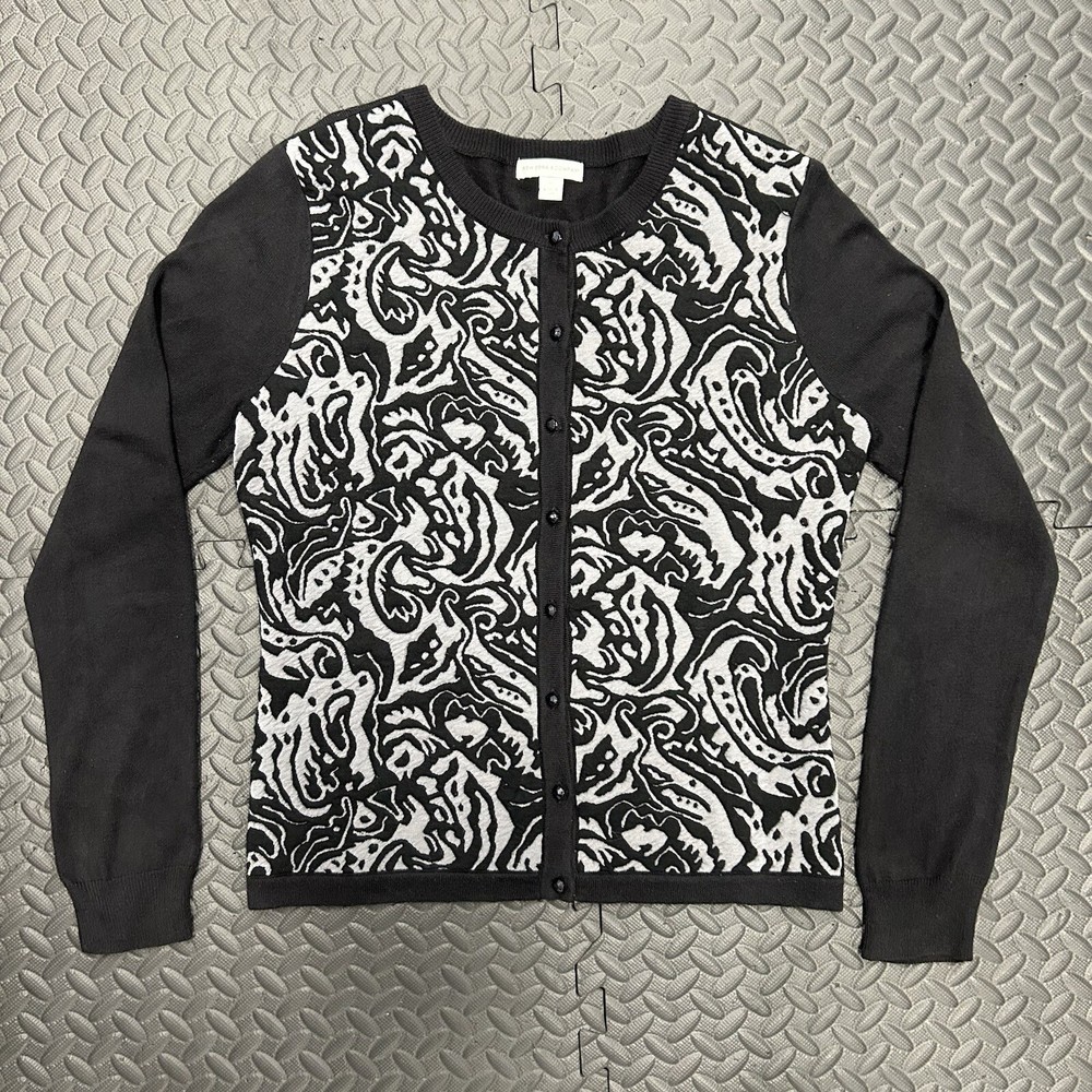 New York & Company Cardigan Sweater Women's Medium Black Floral 3D Long Sleeve