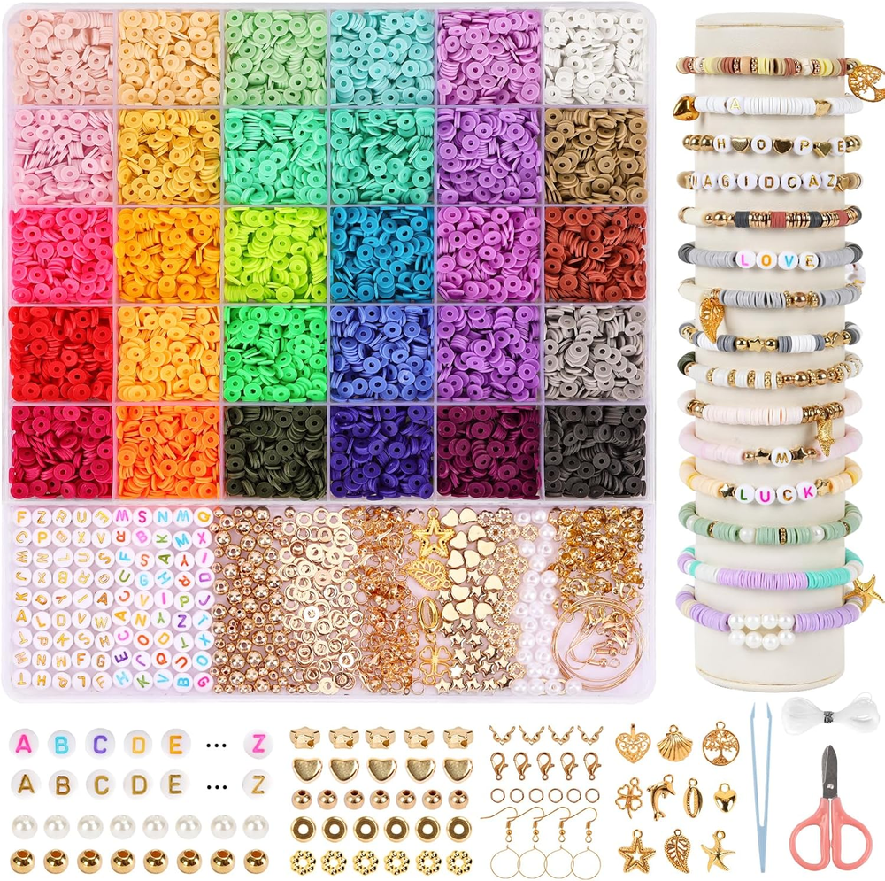 8200Pcs Clay Beads Bracelet Making Kit, 30 Colors Flat Preppy Beads for Friendsh