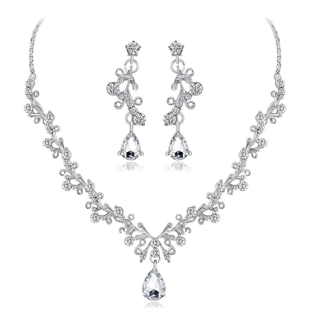 Octwine Bride Crystals Rhinestones Necklace Earrings Set Bridal Wedding Jewel...