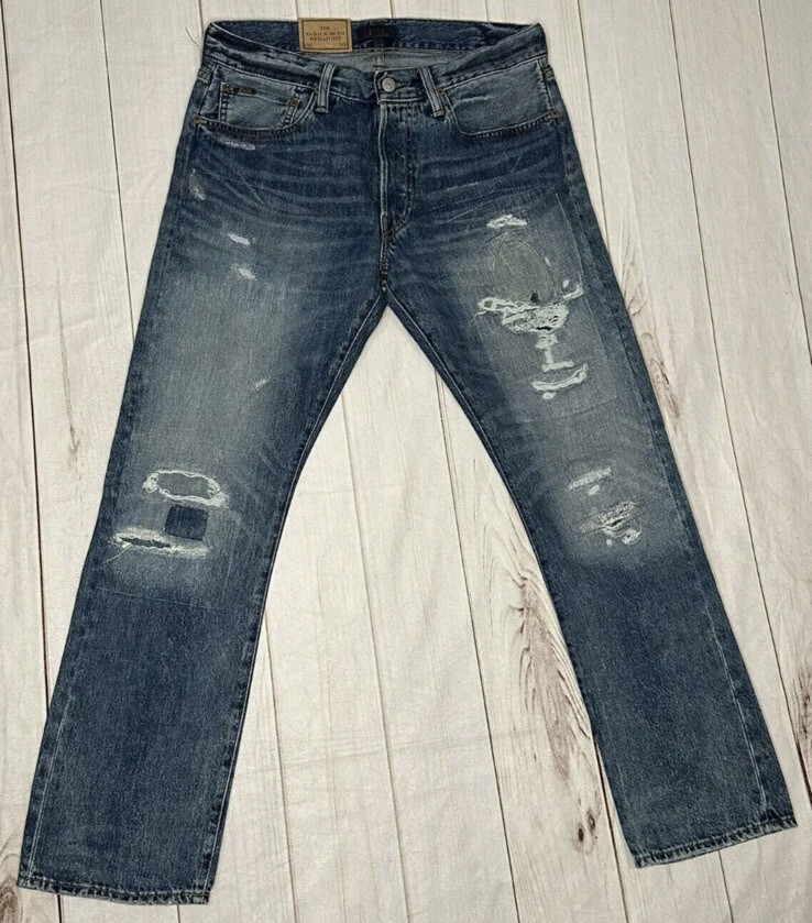 NWT POLO RALPH LAUREN Mens Jeans 30 Blue Varick Slim Straight Distress Patchwork