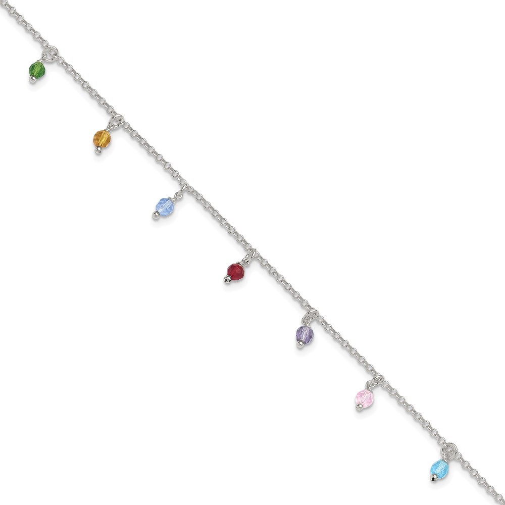 Sterling Silver Polished Multi-colored Beads Anklet 10