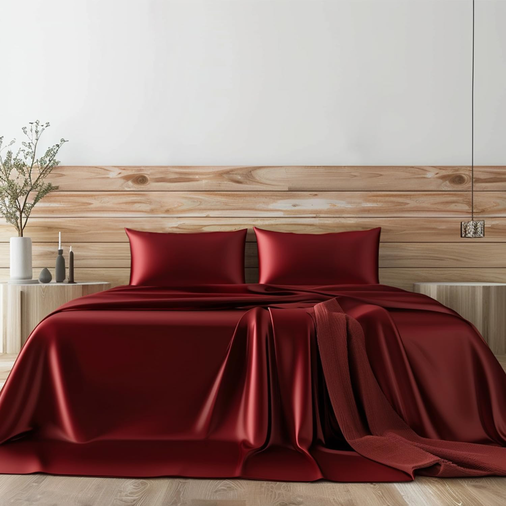 Queen Satin Sheet Set 4 Pcs Luxury Pillowcase, Flat & Fitted Burgundy
