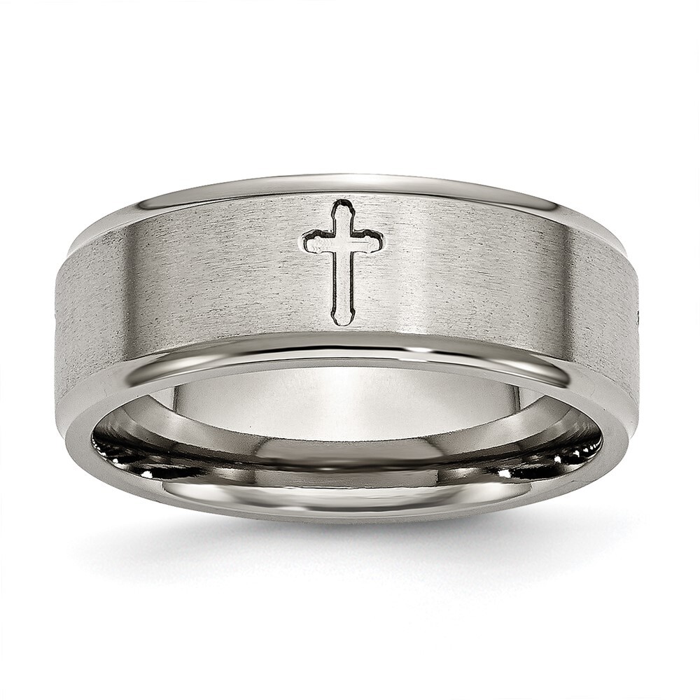Titanium Brushed Center Cross 8mm Ridged Edge Band Ring Size 11
