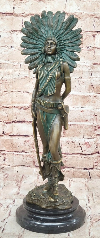 Art Deco Indian Female Bronze Sculpture with Marble Base NR  