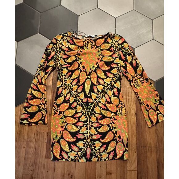 NWT Zara Long Bell Sleeve Retro Paisley Printed Multicolor Dress Sz S open back