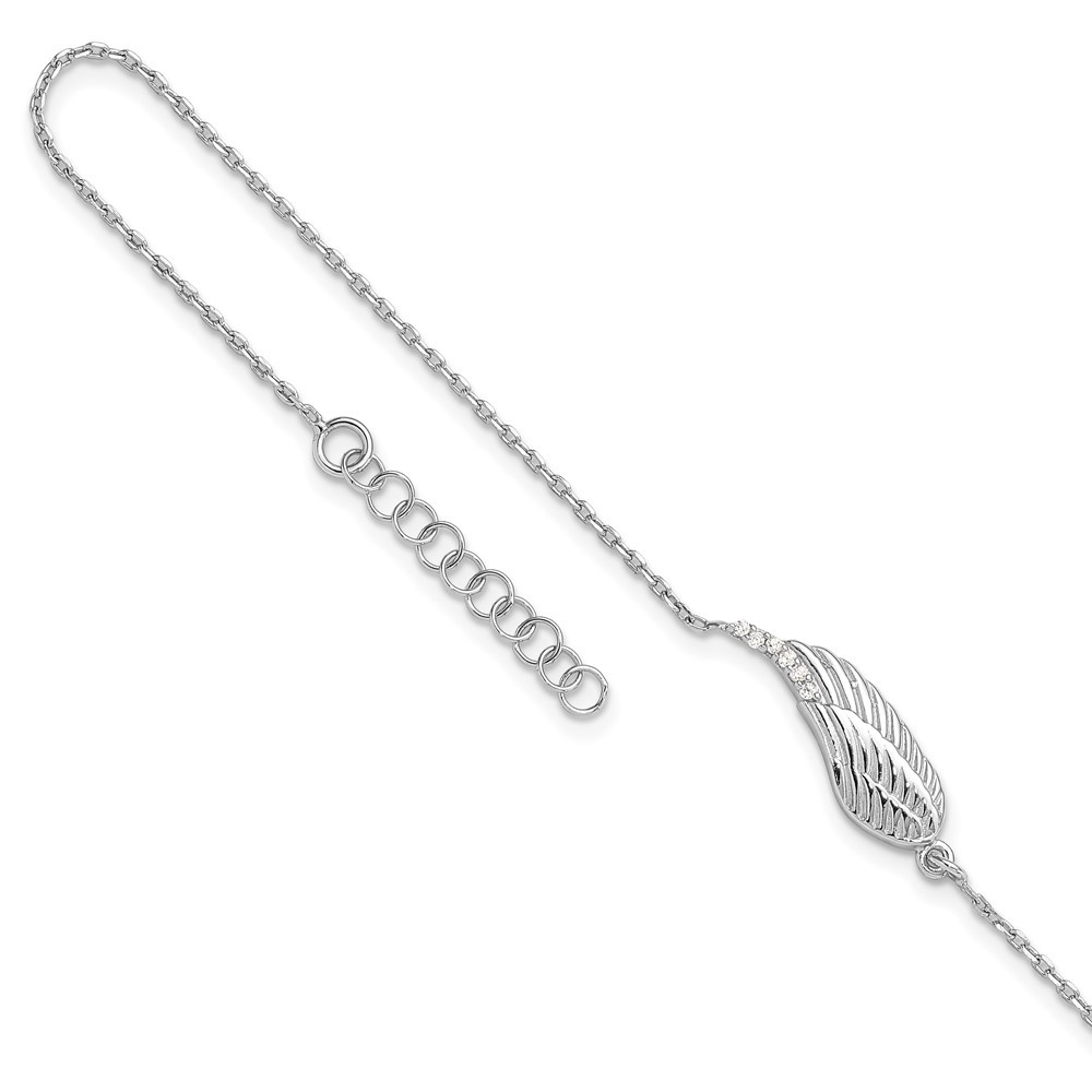 Sterling Silver Rhodium Angel Wing CZ Anklet 9in with 1in Extender