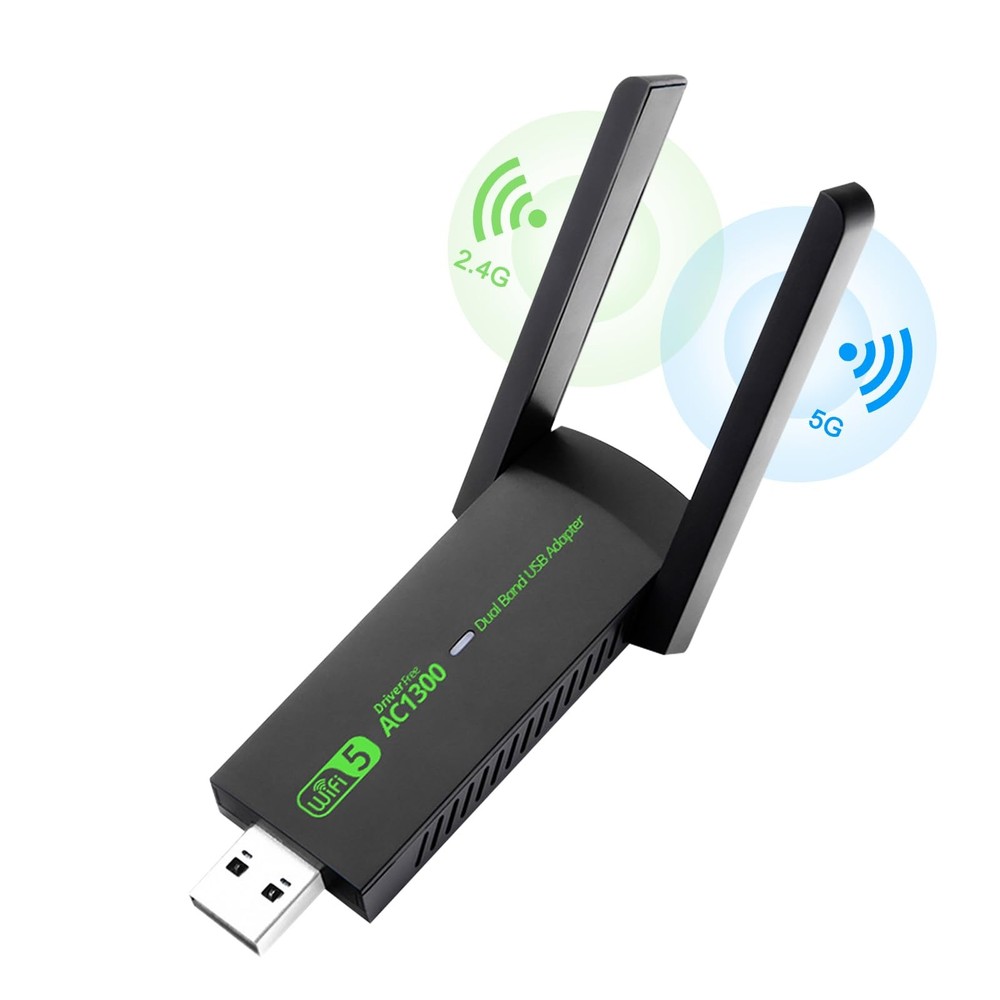 High-Speed USB WiFi Adapter AC1300Mbps Dual Band with 5dBi Antenna 2.4GHz 5GHz