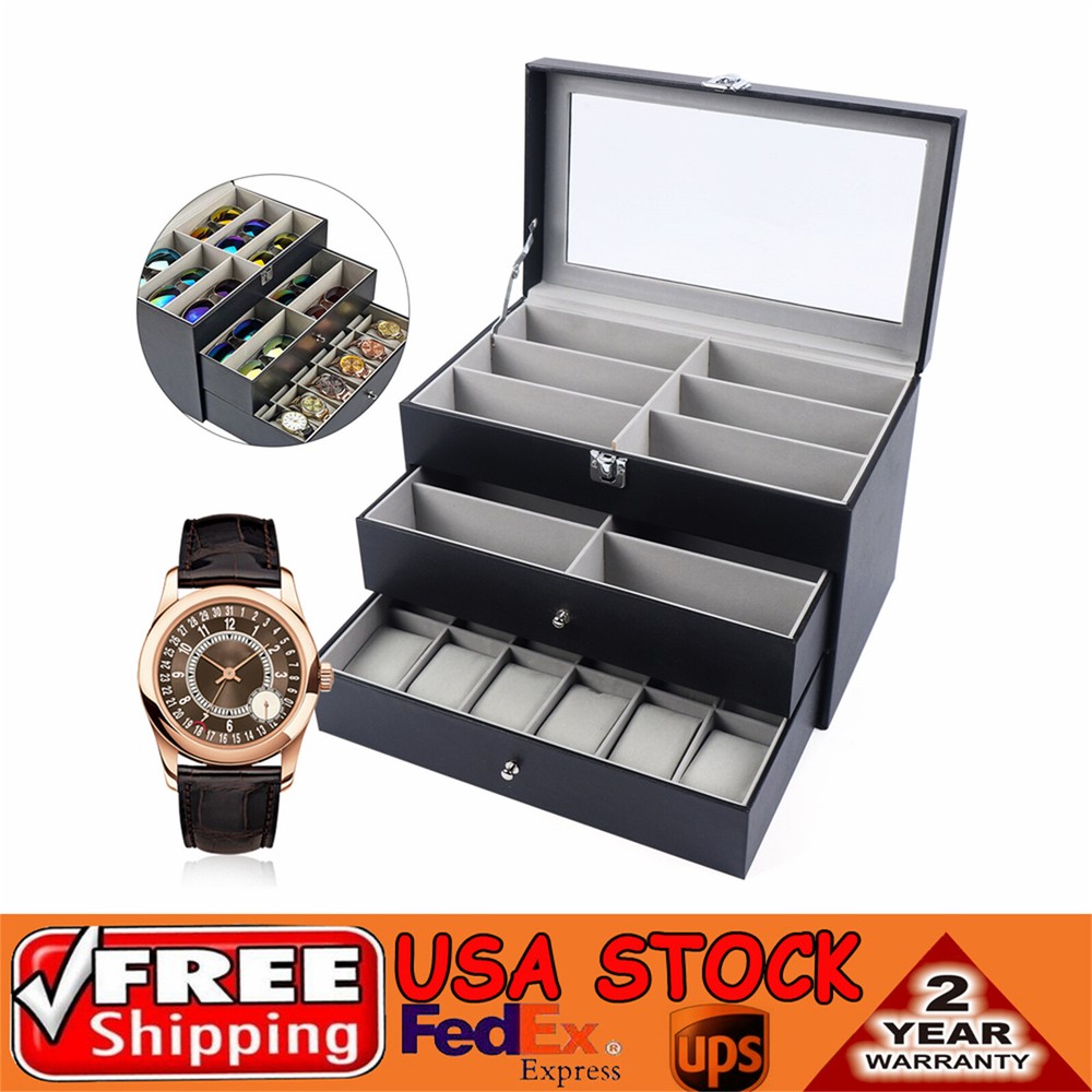 3-Layer Leather Watch Box with 24 Slots for Jewelry Display & Storage