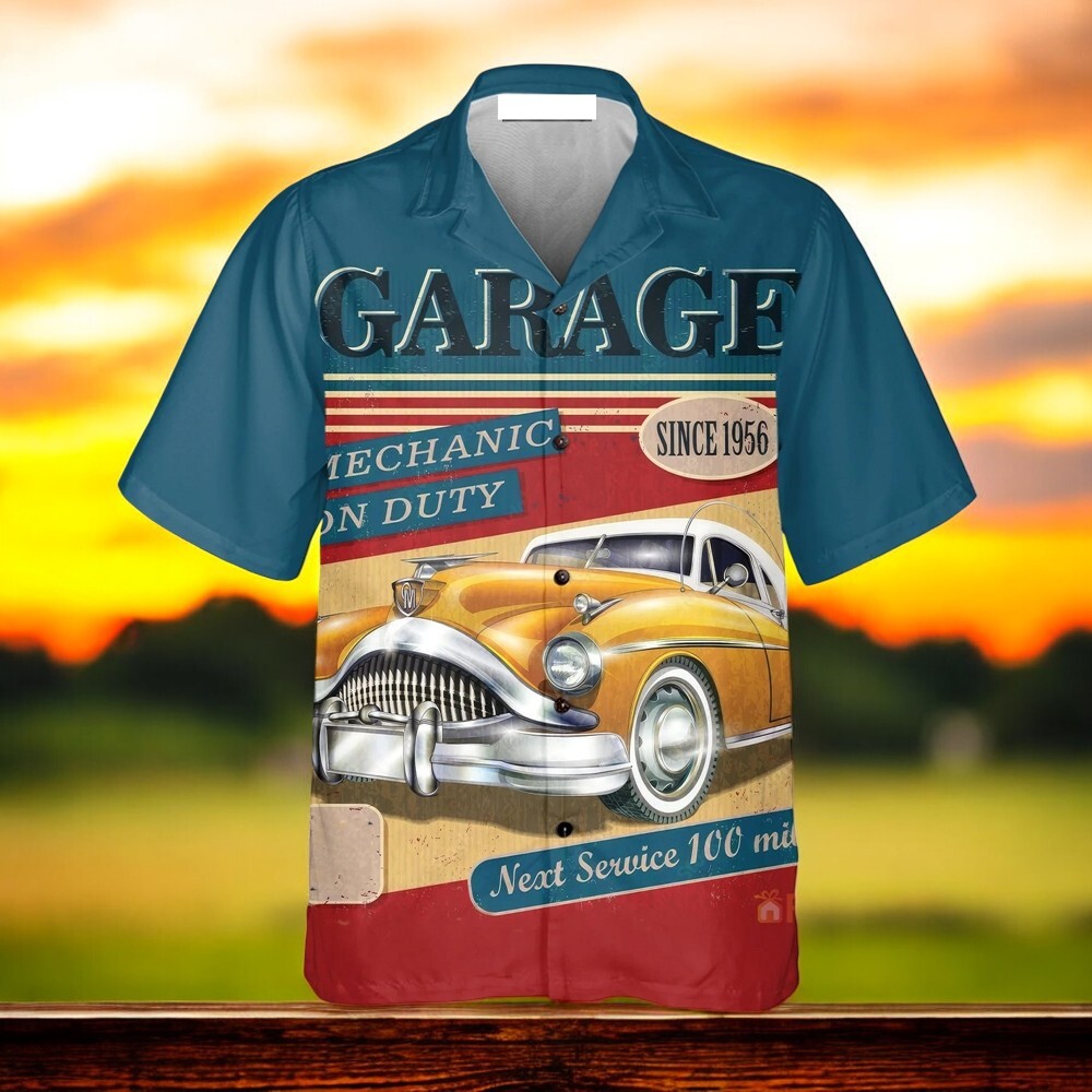 Men8217s Retro Contrast Color Stitching Garage Car Hawaiian Shirt