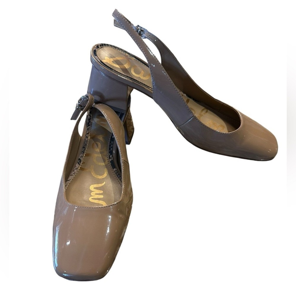 Sam Edelman Women's Size 8 Nude Patent Slingback Pumps with Chunky Heel – Timeless Elegance and Comfort
