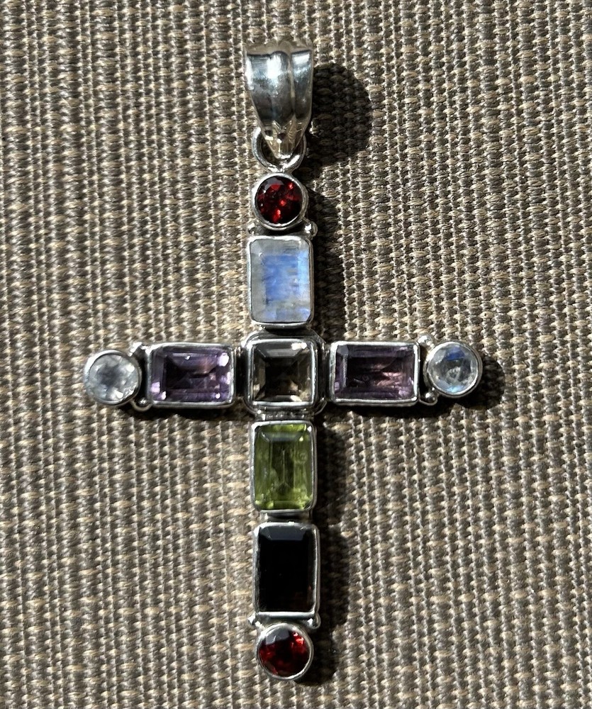 New Multi Gemstone Cross Pendant in Solid Sterling Silver