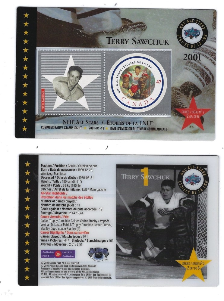 Canada 2001 Thematic #100d Terry Sawchuk Hockey Stamp Card