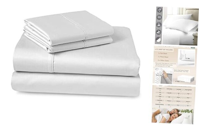 400 Thread Count Queen Cotton Sheets Set 100% Long Queen 4pc Sheet Set White
