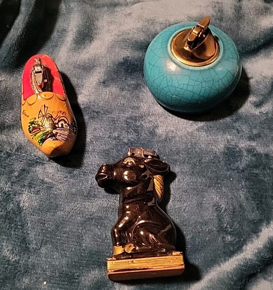 Lot 2 VINTAGE Table Lighters New Wicks, Donkey,  Wooden Shoe, Turquoise