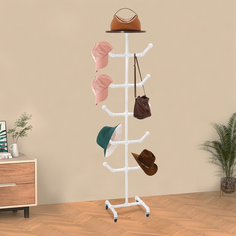 Free-standing white hat rack with 10 hooks for coats and hats  