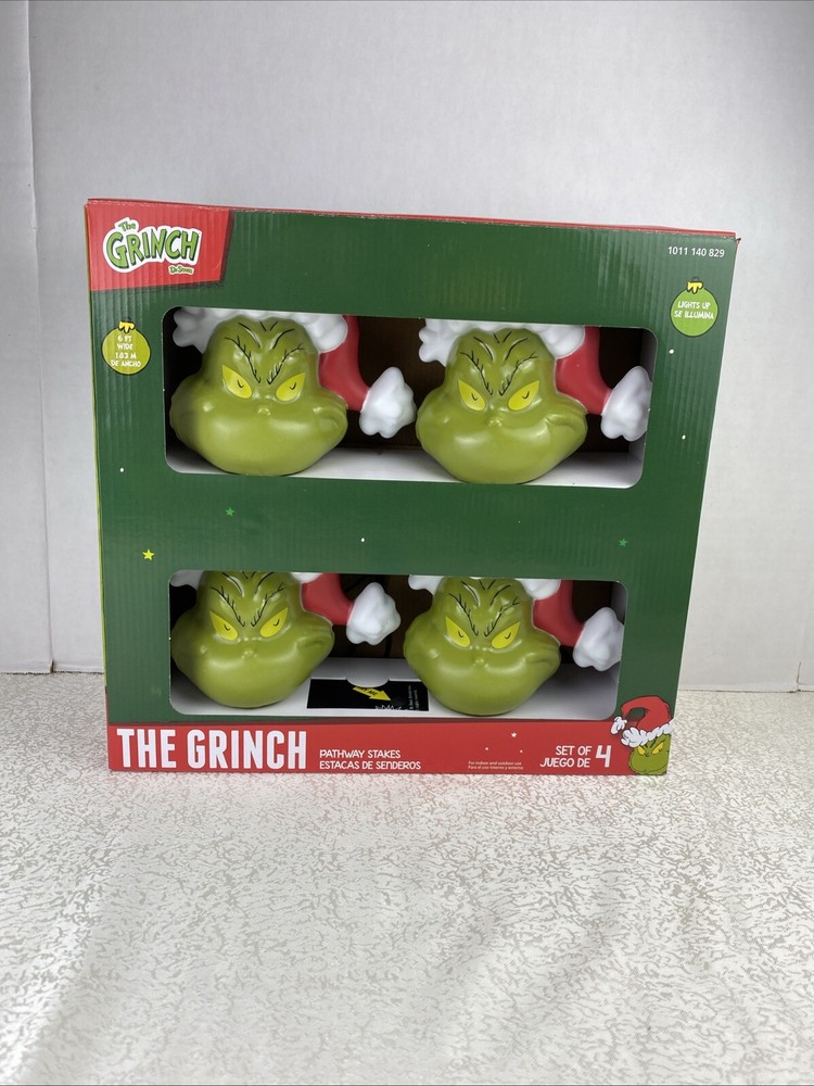 Christmas Grinch Battery Operated Pathway Stakes 4 Count With Santa Hat LED Gemm