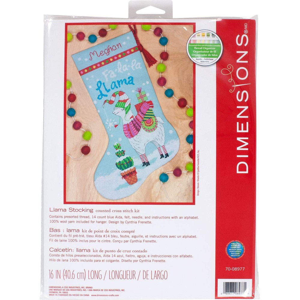 Cross Stitch FA La Llama Personalized Christmas Stocking Kit with Blue Aida Fabric, 16 Count, Handmade Holiday Decoration, DIY Craft Project for Festive Home Decor