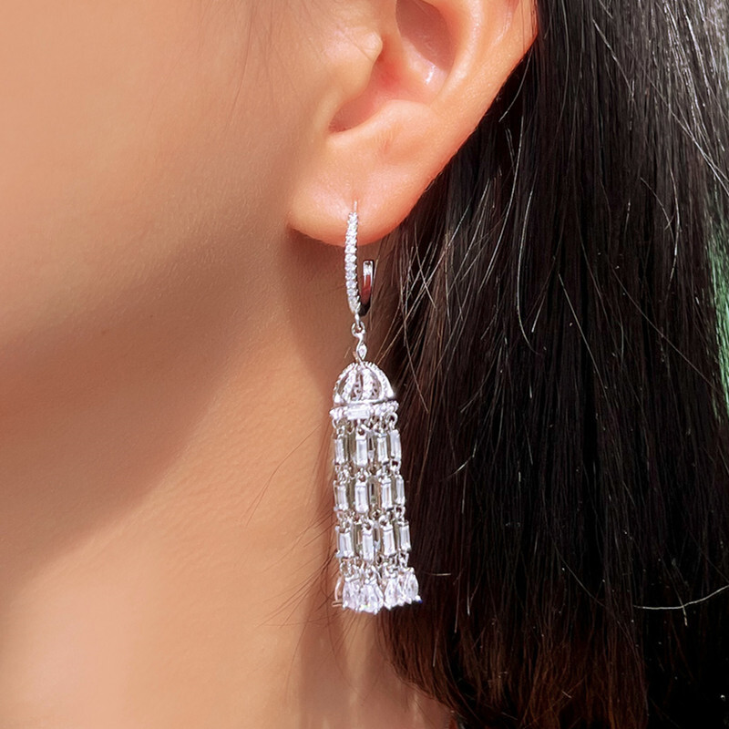 Shiny Silver Plated Cubic Zirconia Long Tassel Dangle Earrings for Women Wedding