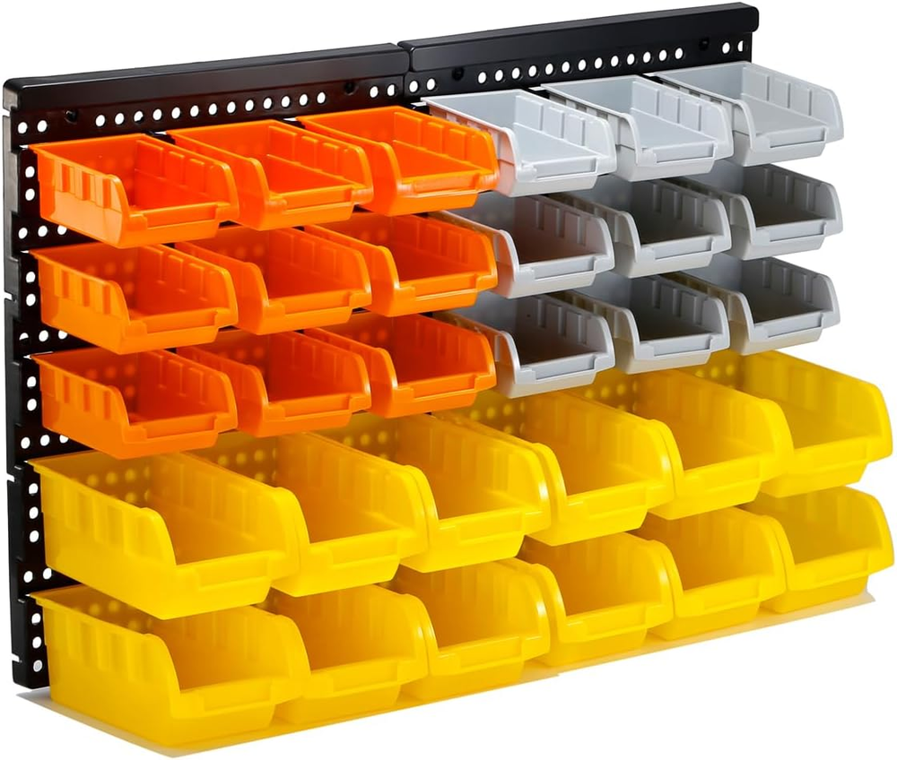30-Bin Wall Mounted Storage Bins Kit, Tool Organizer Rack, 3 Color Parts Storage